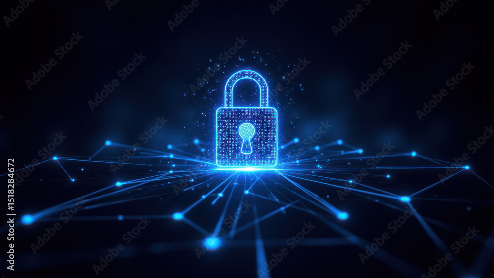 Poster a digital cybersecurity lock symbol with a glowing blue center and interconnected lines emanating fr