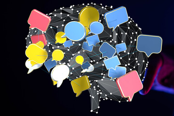 Abstract 3D rendering of interconnected speech bubbles forming a brain, symbolizing global...