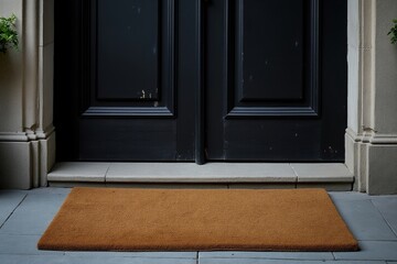 Brown doormat in front of a dark wooden door at home entrance