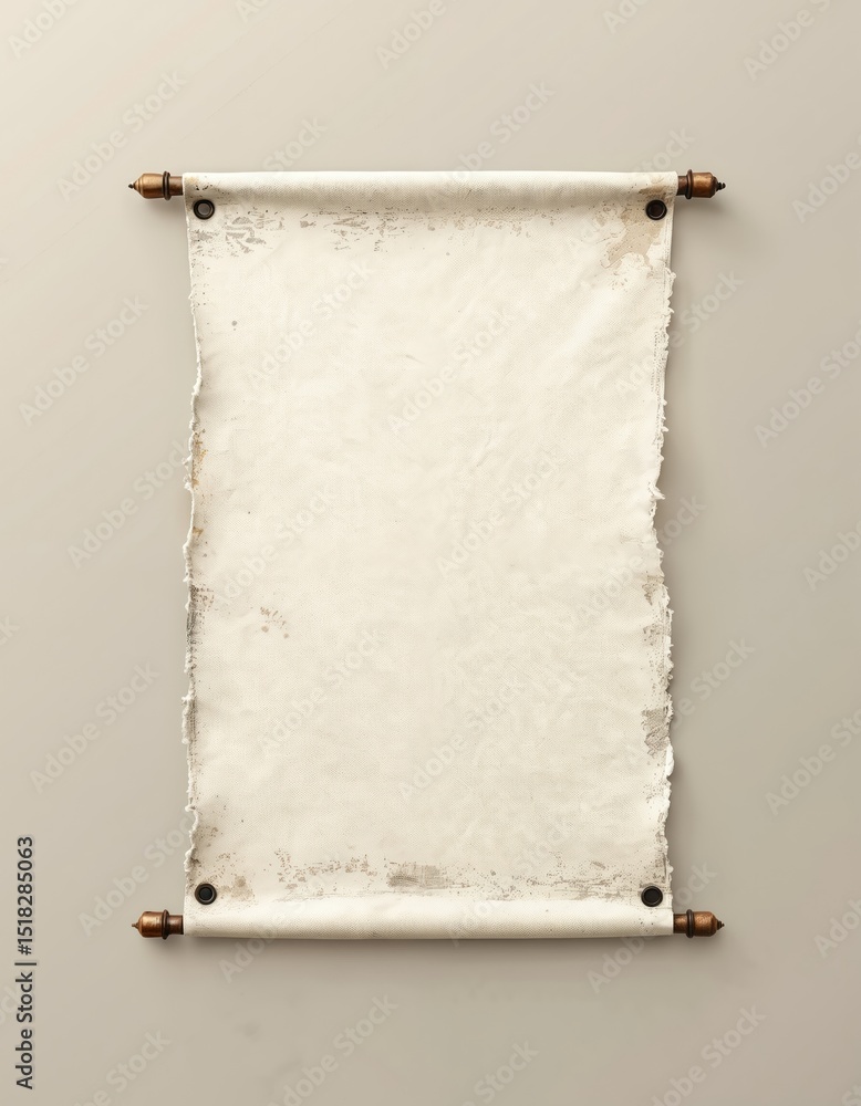 Poster Scroll of aged parchment paper with grunge distressed texture. Vintage scroll with empty space for message. Old style illustration on grey background for invitations awards.