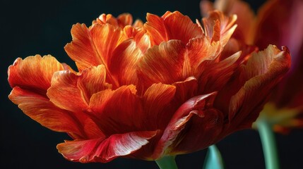 Fiery red-orange tulip with dramatic depth