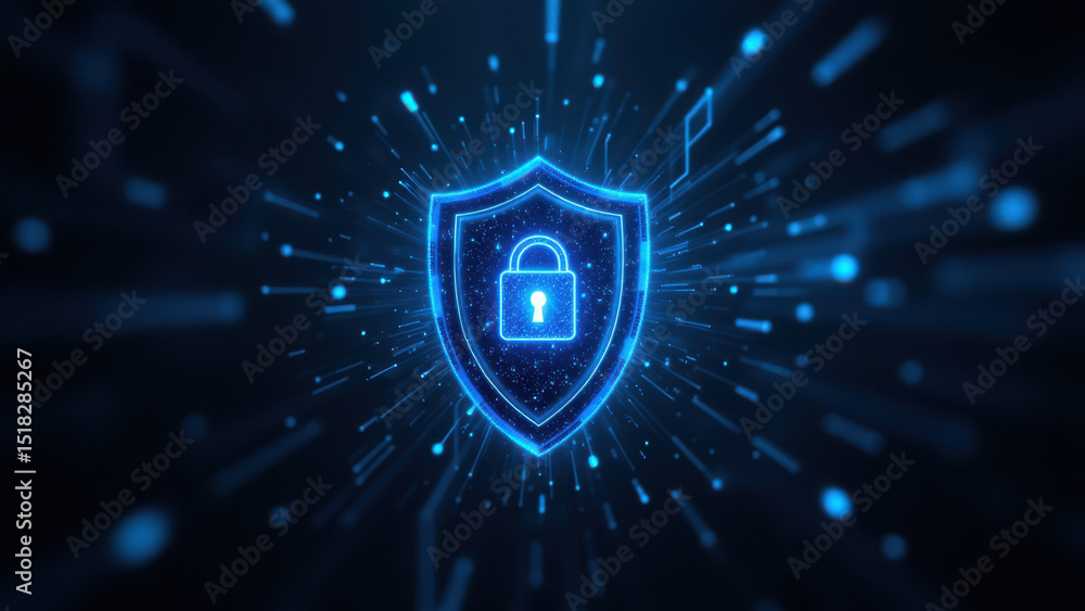 Poster digital cyber security icon with shield and lock symbol.