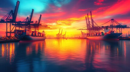 Obraz premium Dramatic sunset scene at a busy commercial port with towering container ships cargo cranes and their reflections in the calm waters