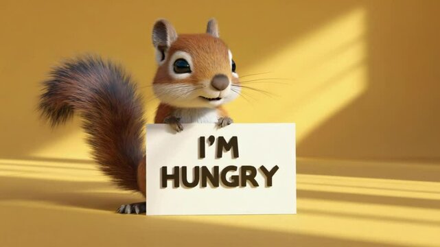 Adorable squirrel holds a sign expressing hunger on a bright yellow background