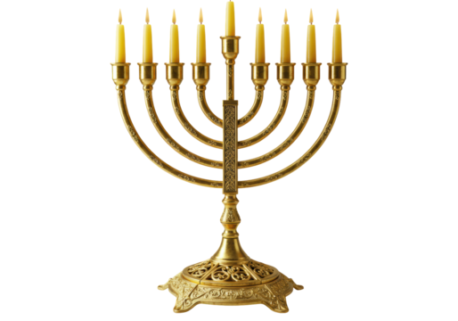 Isolated Classic Gold Menorah with Nine Candles