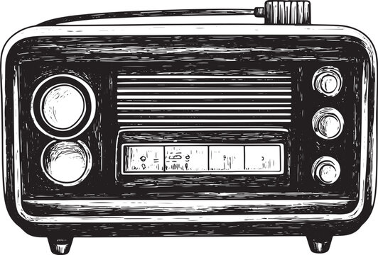 Old vintage radio receiver device sketch engraving vector illustration. Scratch board style imitation. Black and white hand drawn image.