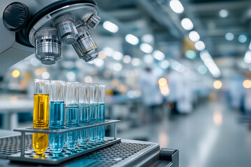 Test tubes containing vibrant blue and green liquids are arranged on a rack in a laboratory, with a microscope and researchers working in the background, showcasing scientific research