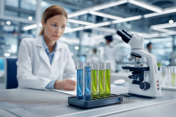 Test tubes containing vibrant blue and green liquids are arranged on a rack in a laboratory, with a microscope and researchers working in the background, showcasing scientific research