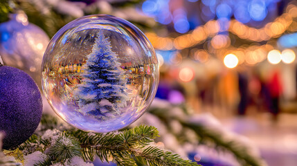 Snow globe featuring a beautifully decorated Christmas tree with warm lights, surrounded by festive decorations and gifts, creating a cozy holiday atmosphere in a charming setting