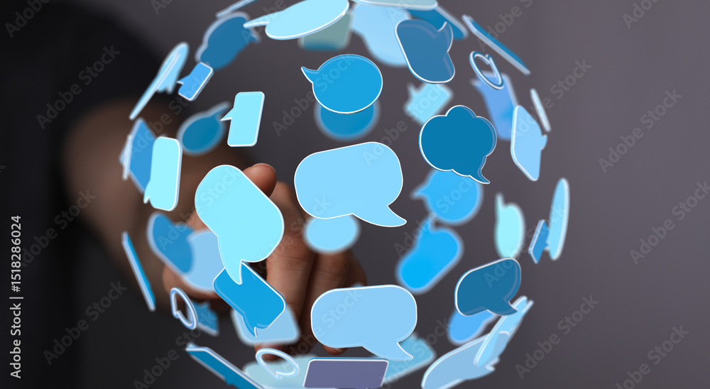 Fototapete abstract image of a hand interacting with a sphere of speech bubbles, representing global communicat