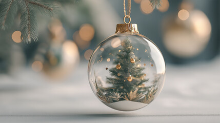 Snow globe featuring a beautifully decorated Christmas tree with warm lights, surrounded by festive decorations and gifts, creating a cozy holiday atmosphere in a charming setting