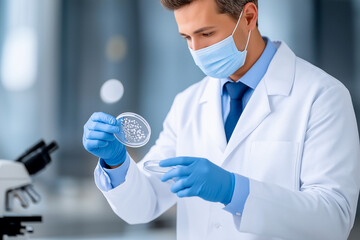 Scientist in laboratory coat using pipette to transfer liquid into petri dish, surrounded by various samples, showcasing meticulous research and experimentation in a modern lab environment