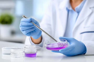 Scientist in laboratory coat using pipette to transfer liquid into petri dish, surrounded by various samples, showcasing meticulous research and experimentation in a modern lab environment