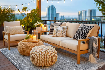 Cozy outdoor lounge area featuring stylish seating with cushions, decorative poufs, and ambient lighting, surrounded by greenery and modern architecture, perfect for relaxation and social gatherings