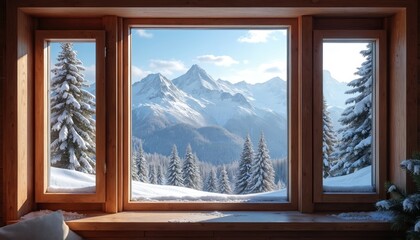 Wooden chalet window overlooks snowy mountains, pine trees. Interior setting offers serene winter scenic view. Ideal for holiday, vacation, travel. panorama, peaceful atmosphere.