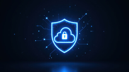 A glowing blue cloud lock symbolizing cyber security and online data protection.