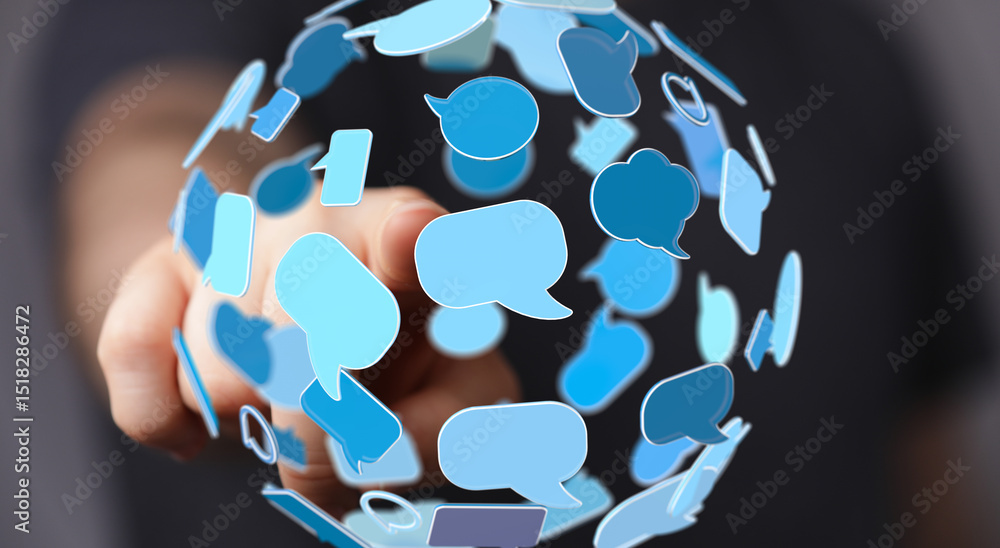 Poster hand interacting with a sphere of blue speech bubbles, representing global communication and network