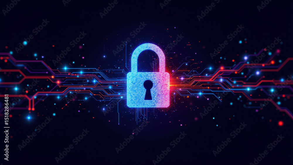 Poster illustration of a digital lock with cybernetic lines and glowing elements, symbolizing cybersecurity