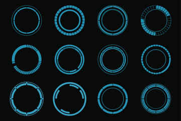 Blue futuristic digital circle elements on black background for user interface design.