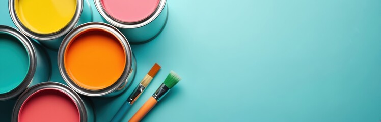 Vibrant paint cans with colorful paints and paintbrushes on blue background. Interior design home decor concept. Painting, home renovation, art, DIY and creative projects. Copy space.