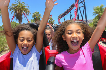 Young girl with raised fist, smiling joyfully while riding amusement park attraction with friends, colorful background featuring carnival rides and festive atmosphere