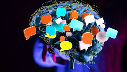 Abstract image of a brain with colorful speech bubbles, representing communication, ideas, and...