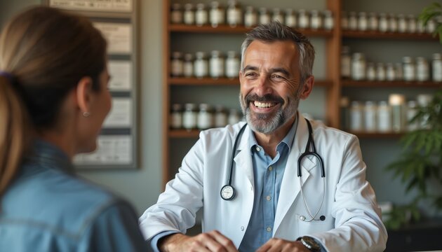 Doctor smiles with patient, discusses medical marijuana. Medical professional advises on treatment options in dispensary setting. Healthcare, cannabis use, alternative medicine consultation,