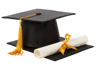 Isolated Graduation Mortarboard Cap with Diploma and Ribbon