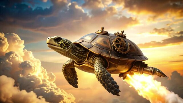 Steampunk Rocket Turtle Ascending Through Golden Hour Clouds - 4K Time-Lapse Animation