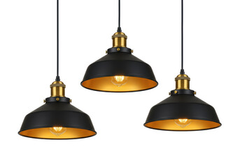 Isolated Set of Three Black and Gold Industrial Pendant Lights