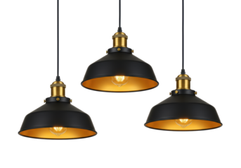 Isolated Set of Three Black and Gold Industrial Pendant Lights