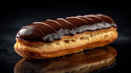 Elegant Chocolate Éclair with Glossy Glaze and Decorative Stripes – French Pastry on Dark Surface