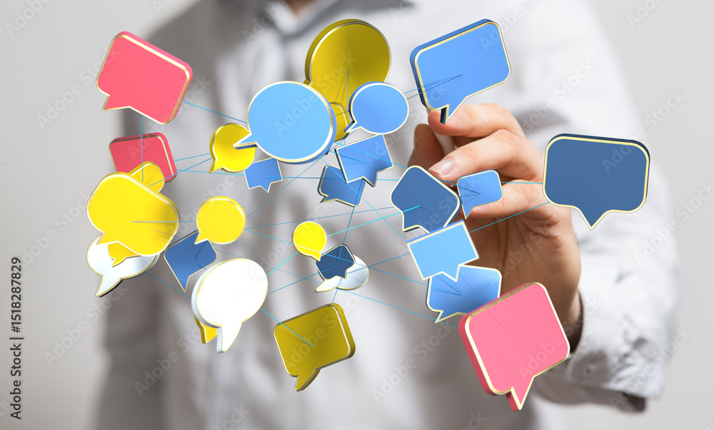 Poster abstract image of interconnected speech bubbles, symbolizing global communication and networking.