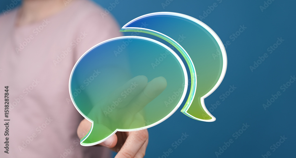 Poster abstract image of a hand interacting with speech bubbles, representing communication and connection.