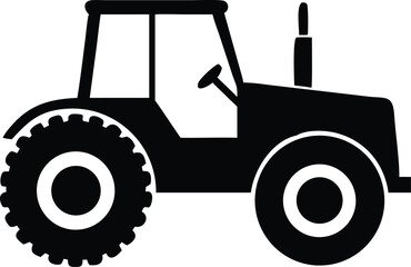 Black Silhouette of a Tractor with Cab and Large Wheels on White Background