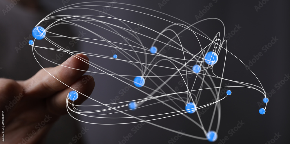 Poster abstract image of interconnected nodes representing global communication and data exchange.