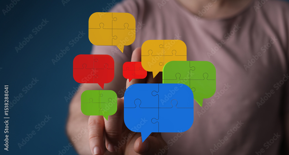 Aufkleber Teamwork, problem-solving, and communication.  Visual of puzzle pieces forming speech bubbles.