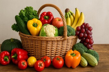 Fresh Organic Vegetables and Fruits in Rustic Basket