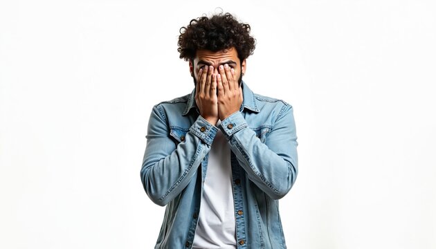 Handsome hispanic man wearing casual clothes. Surprised and shocked on white background. Covers eyes and mouth with hands. Young model. Emotional expression of fear, surprise.
