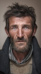 Fototapeta premium Portrait of an older man with weathered features and intense gaze in a neutral-toned background