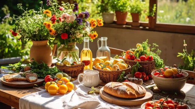 Sunlit garden table, fresh bread, fruit, vegetables, flowers; rustic outdoor setting