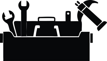 Black Silhouette Toolbox Illustration with Wrenches and Hammer Isolated on White Background