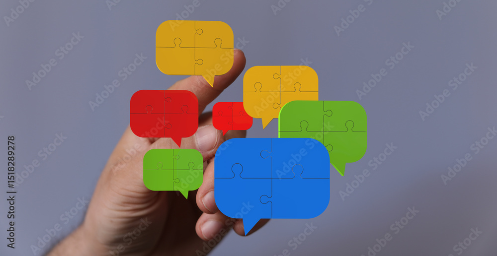 Poster Colorful puzzle pieces represent communication and teamwork. Ideal for collaboration, connection, and problem-solving concepts.