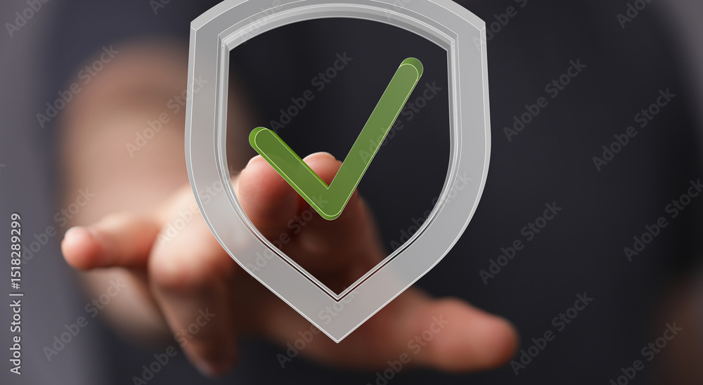 Poster Hand pointing at a digital shield with a checkmark, symbolizing secure data and approved access.