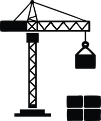 Black and White Illustration of a Crane Lifting a Container Near Stacked Square Blocks