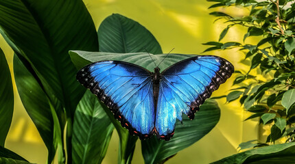 Blue Morpho butterfly sitting on green leaves in a tropical forest jungle. Beautiful insect in the nature habitat, wildlife.