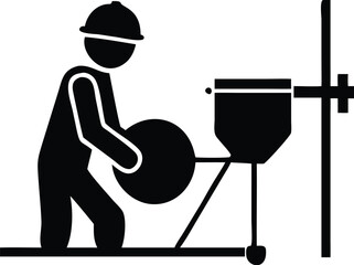 Black Silhouette Illustration Construction Worker Using Cement Mixer with Protective Gear and Hard Hat