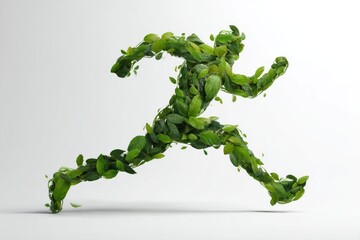 Creative representation of an athlete made entirely of green leaves highlighting nature and fitness in a clean environment
