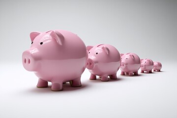 Piggy banks in various sizes lined up on a plain background showcasing savings culture and financial education