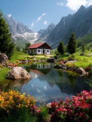 Fototapeta premium Beautiful alpine landscape featuring a charming house near a tranquil pond surrounded by flowers and mountains